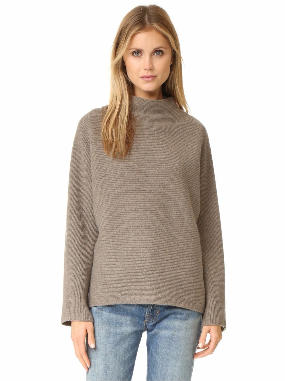 Vince Wool Cashmere Ottoman Rib Mock Neck Sweater M Taupe Brown